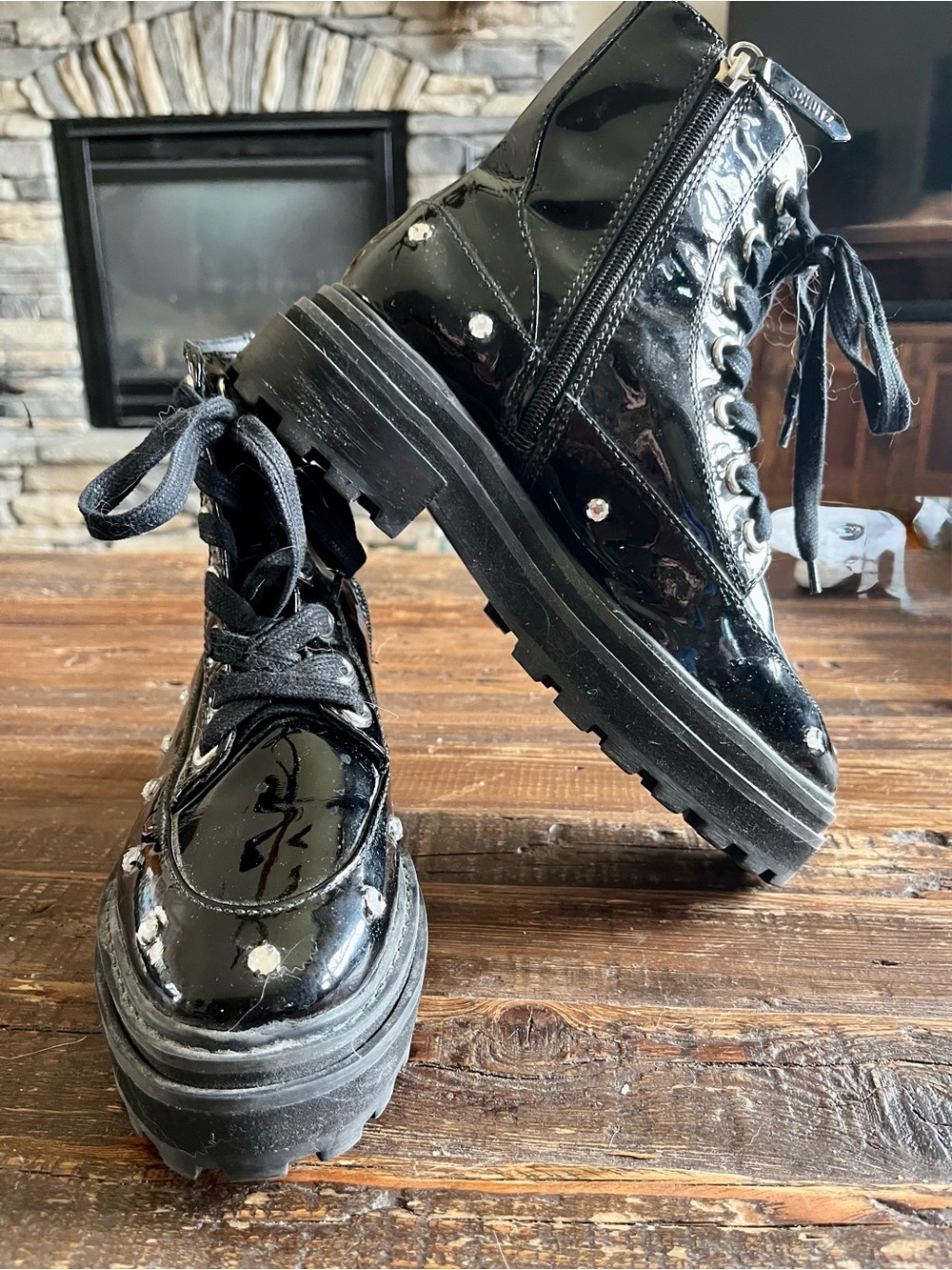 SCHUTZ Abeli Patent Leather Combat Boot Black Lug Sole w/ Gems Sz 7